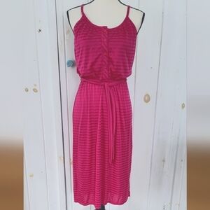 Vintage 1970s Disco Raspberry Pink Stripe Elastic Waist Maxi Dress